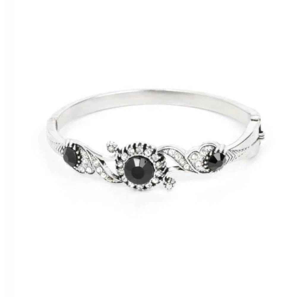 Paparazzi Silver and Black Gem Bracelet Expert Elegance Hinged Fashion Jewelry